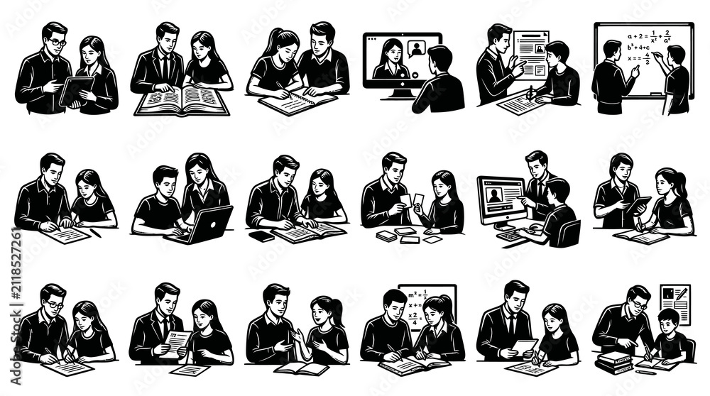 Obraz premium Education and Learning Activities Vector Illustration: Students and Teachers Studying, Tutoring, and Mentoring in Black White Line Art