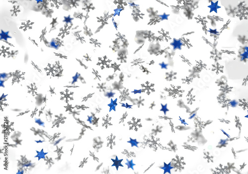 extreme macro shot of shimmering silver glitter snowflakes and reflective blue metallic stars suspended mid-air against a transparent background, sharp focus, bokeh effect, professional lighting.