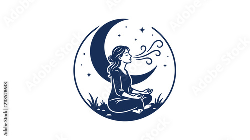 Foto Woman Meditating Under Crescent Moon and Stars, Breathing Calmly