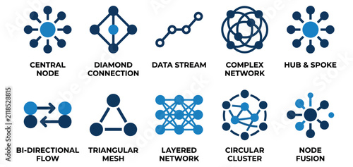 Set of ten blue and black technology network icons representing different data connection structures Minimal solid fill icon set bundle collection. Editable Vector Illustration Mega pack