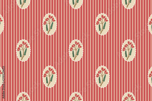 Christmas Floral Medallion Seamless Pattern with Red Stripes