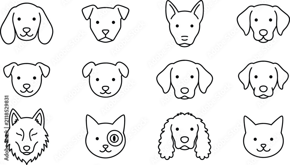 Fototapeta premium Minimalist Cute Dog and Cat Face Linear Vector Icon Set Featuring Various Cute Pet Breeds Outline Art Graphics