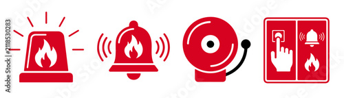 Fire Alarm Bell Icon Set – Emergency Alert, Safety Warning, Siren Vector
