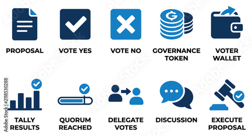 Картината върху платно Set of ten blue vector icons representing blockchain governance voting proposal and crypto wallet actions Minimal solid fill icon set bundle collection