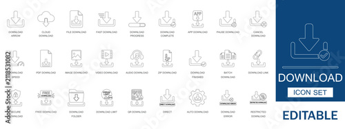 Download icon set. Featuring cloud file arrow speed progress complete pause cancel app pdf image video audio zip link batch secure free folder limit qr code error and direct.