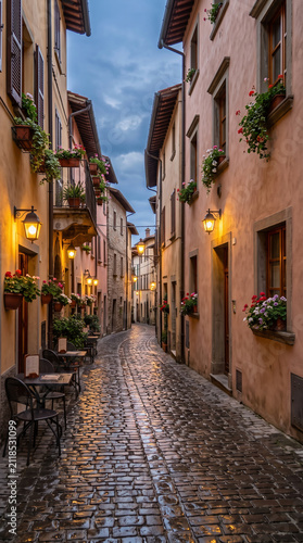 Charming narrow cobblestone street lined with historic buildings, warm lanterns, and flower-filled balconies in a picturesque European old town at dusk.