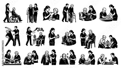 Black and White Line Art Vector Illustrations of Caregivers Assisting Seniors with Elderly Care Activities