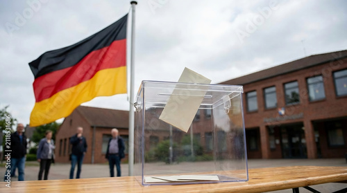 Transparent ballot box beside the German flag at a polling station, symbolizing democratic elections, voting rights, and civic participation in Germany.