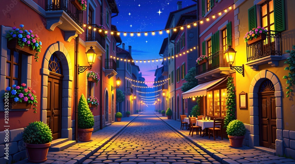 Fototapeta premium European city street at night with stone pavement, glowing festive string lights. Old architecture buildings balconies with blooming flowers, potted plants. Cozy bistro terrace tables sit under warm
