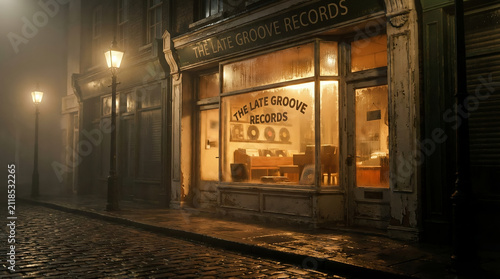 Vintage record store glowing warmly on a foggy cobblestone street at night, creating a nostalgic urban atmosphere with cinematic lighting and timeless charm.