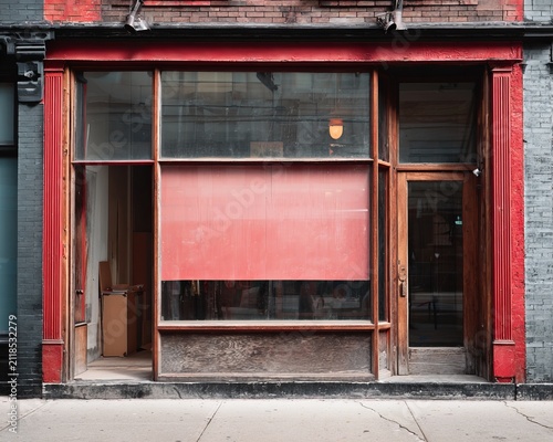 Naklejka Closed storefront with red trim and roll-down security gate.
