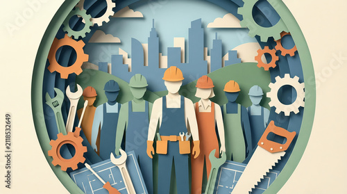 Stylized illustration of construction workers, industrial equipment, and sustainable urban development concept with modern city skyline and engineering elements.