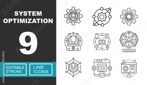 System optimization set of web icons in line style. Containing gear, user, globe, node, network, laptop, phone, screen, target, magnet, window, process, speed, setting.