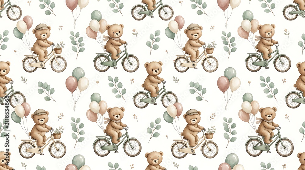 Cute teddy bear character riding a bicycle with colorful balloons and leaves in a seamless repeating pattern design