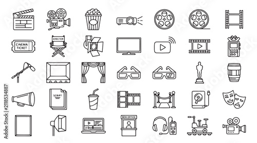 Cinema and movie production line icons, 35 film industry vector elements, minimalist filmmaking equipment and theater symbols for entertainment design