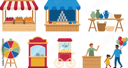 Cute Market Stall and Street Vendor Collection with Food Booths, Shopping Kiosks, Fair Attractions, and Cartoon Vector Illustration
