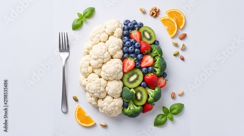 Healthy human brain shape composed of fresh organic vegetables fruits with meticulously arranged cauliflower cauliflower florets colorful displays creative human