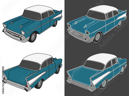 Vintage 1950s Classic Car Illustration Set, Teal Retro Sedan Vector Graphics