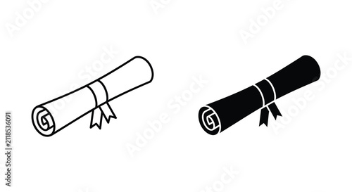 Quadro su tela Rolled parchment with ribbon black and white silhouette