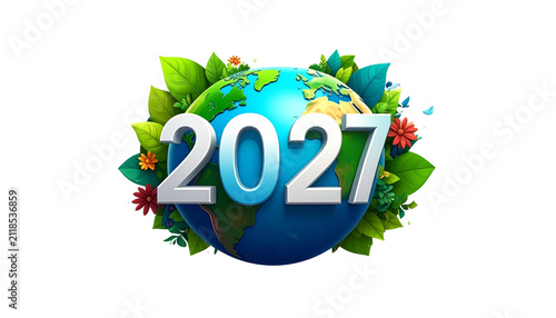 happy new year 2027 banner template with save the earth design, isolated on transparent background