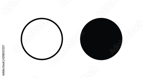 Two circular shapes one outlined and one solid white background silhouette
