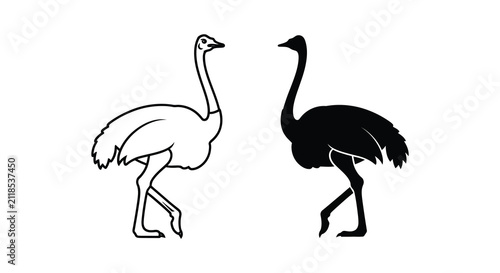 Two Ostrich Illustrations In Black And White Silhouette