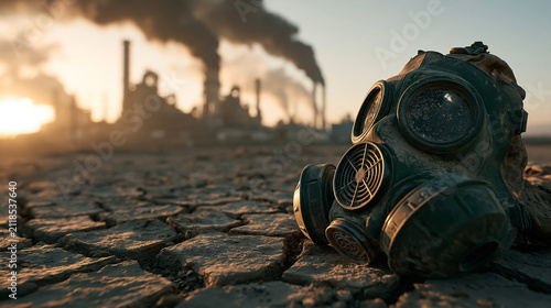 The Silent Warning: A lone gas mask lies on parched, cracked earth, with a desolate industrial landscape belching smoke into a hazy sky, a stark symbol of environmental decay.