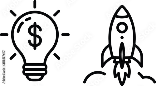 Business idea icons featuring lightbulb and startup rocket launch symbols for innovation, entrepreneurship, business development, strategic planning, and user interface design.