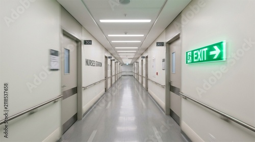 Empty Modern Hospital Corridor with Green Exit Sign and Motion Blur