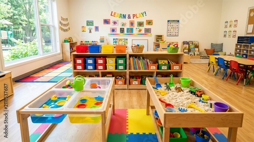 Modern Kindergarten Classroom Interior with Sensory Play Tables and Educational Toys