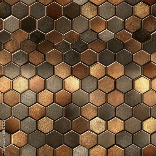 Bronze honeycomb metal pattern with hexagonal tiles