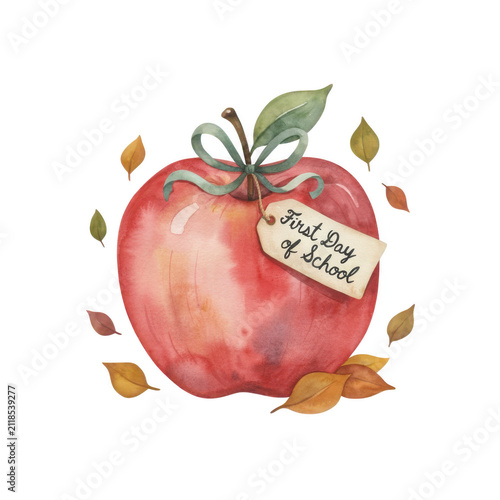 Charming watercolor apple illustration celebrating the first day of school with delightful autumn leaves. Back to School Month. Education Day, Knowledge Day
