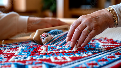 Hands of a person weaving colorful threads on a loom, creating a patterned textile