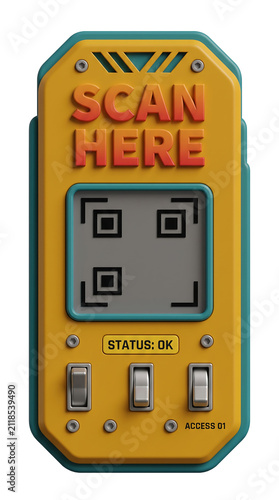 3D retro QR placeholder, Futuristic yellow QR code scanner device with switches and screen