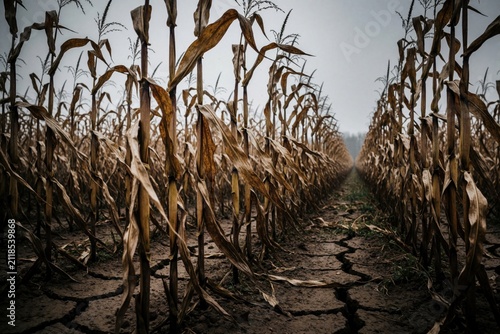 Parched corn stalks line a cracked earth field under a hazy sky. Agriculture faces ruin from prolonged dry weather and intense heat. Crop failure brings despair to rural land.