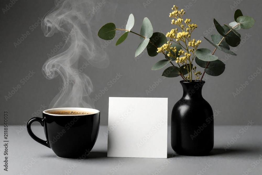 Obraz premium Black coffee cup with steam sits next to a white card and a black vase holding eucalyptus branches and yellow flowers. Minimalist still life arrangement on gray studio table.
