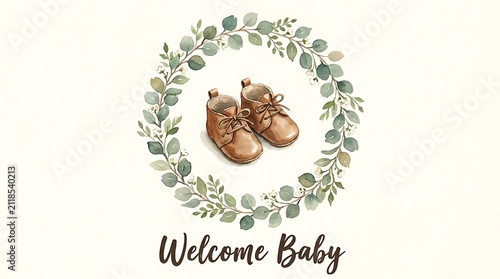 Welcome baby watercolor illustration with small brown leather shoes inside a beautiful green leaf wreath frame