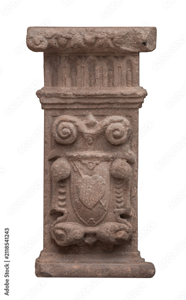 Obraz premium Elements of architectural decorations of buildings, columns and tops, gypsum molding, wall texture and stucco patterns. On the streets in Barcelona, public places.