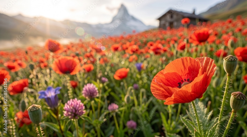 Fototapeta premium Poppies field. A beautiful field of blooming poppies.