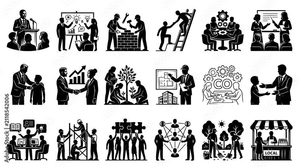 Obraz premium Business and Corporate Teamwork Glyph Icons Set - Leadership, Construction, Community Development Vector Illustrations