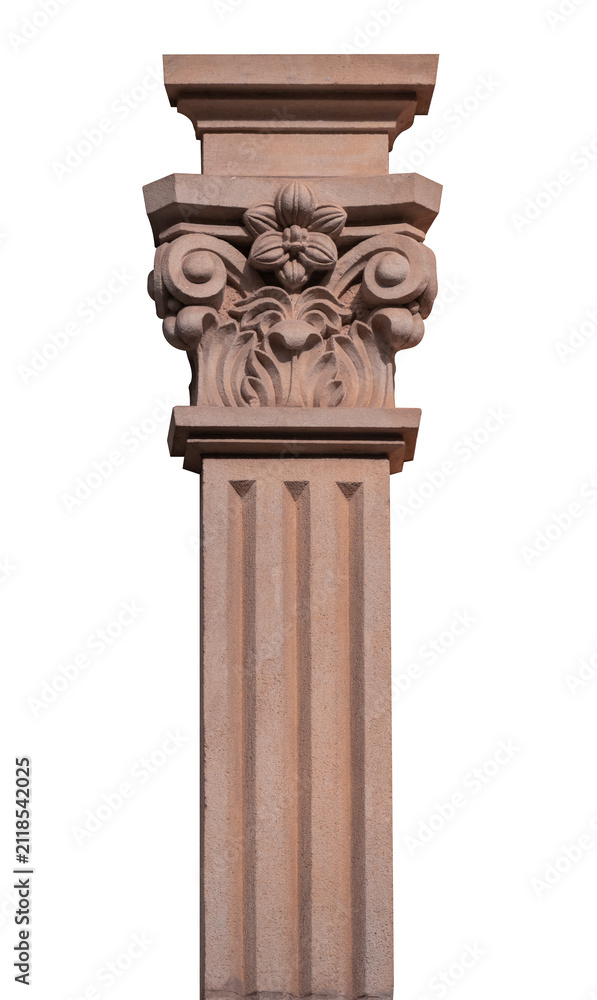 Obraz premium Elements of architectural decorations of buildings, columns and tops, gypsum molding, wall texture and stucco patterns. On the streets in Barcelona, public places.