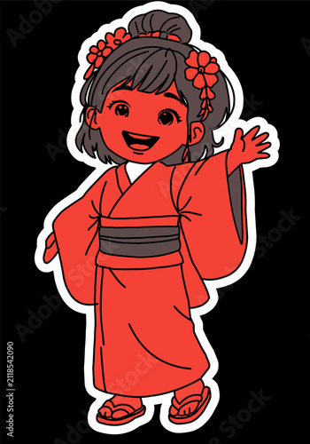 Cute Japanese Girl Wearing Pink Kimono Waving Hand Cartoon Character Vector Illustration