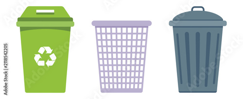 Trash can icons showing recycle bin, utility waste basket, and lidded garbage container for sanitation, disposal, and recycling systems