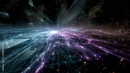 Cinematic 3D spatial computing grid with glowing cyan-violet holographic lines, floating geometric panels, and volumetric rays in a dark void. Clean negative space for web design and tech hero...