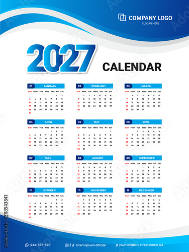 Modern 2027 new year calendar template in printable style