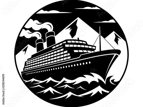 Bild auf Leinwand Circular black and white cruise ship illustration with mountains