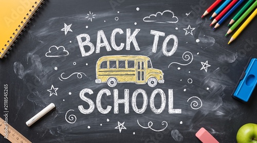 Back to school chalk lettering on blackboard with yellow bus and school supplies