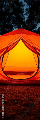Bright orange camping tent with yellow interior, sleeping quarters, waterproof design