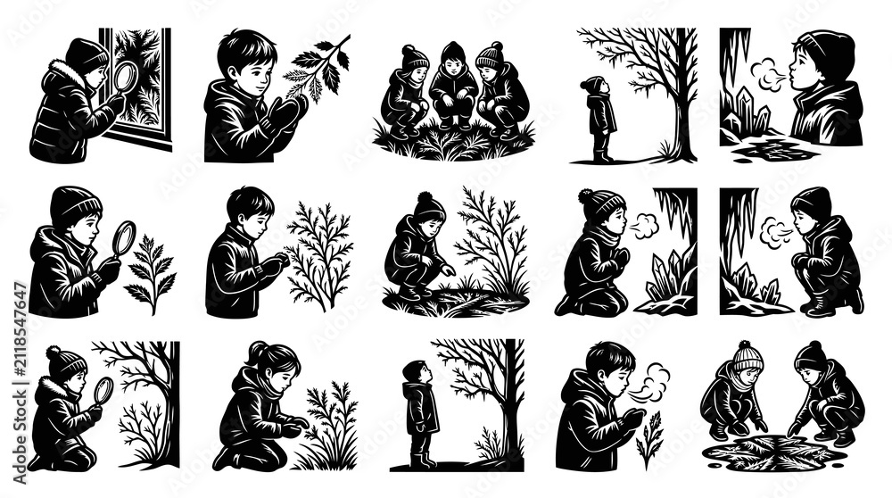 Obraz premium Winter Children Exploring Nature Magnifying Glass and Frost Breath Black and White Line Art