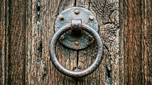 Old Wrought Iron Door Knocker Mounted on Weathered Wooden Door Rustic Antique Metal Hardware